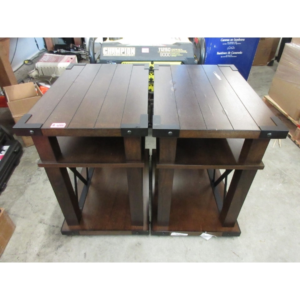 Pair of Black Metal & Brown Wood End Tables