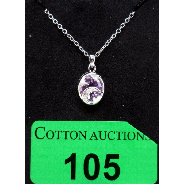 Large Amethyst & Diamond Sterling Silver Pendant