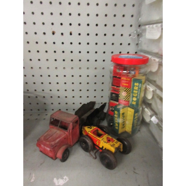 Vintage Tin Truck & Wind Up Car and Electronics Tubes