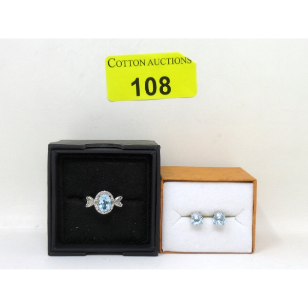 Blue Topaz & Diamond Dinner Ring & Blue Topaz Stud Earrings