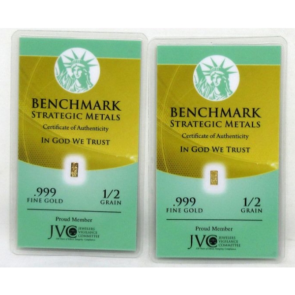 2 x 1/2 Grain .999 Fine Gold Certified Bars 