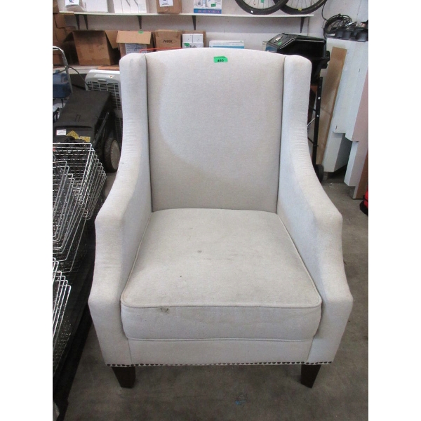 Beige Fabric Upholstered Armchair - Nail Head Detail