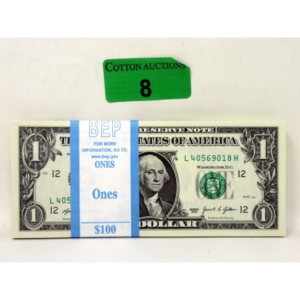 100 x $1 USD Uncirculated Series of Sequentially Numbered Federal Reserve Bundle 