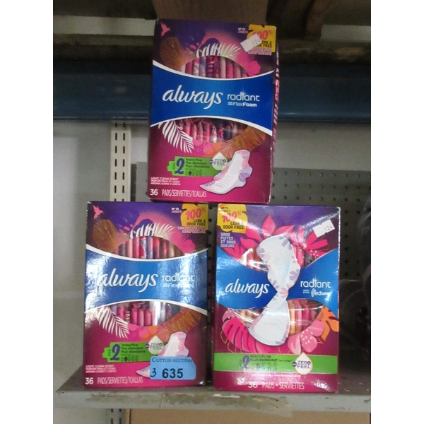 3 Sealed Boxes of 36 Always Menstrual Pads w/ Wings