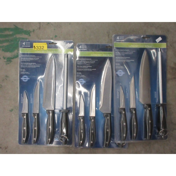 3 New 4 Piece Kitchen Knife & Steel Sets