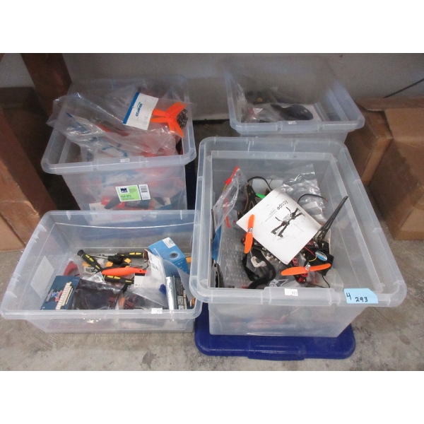 4 Totes of Assorted New and Used Drone Parts