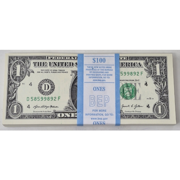 100 x $1 USD Uncirculated Federal Reserve Bundle 