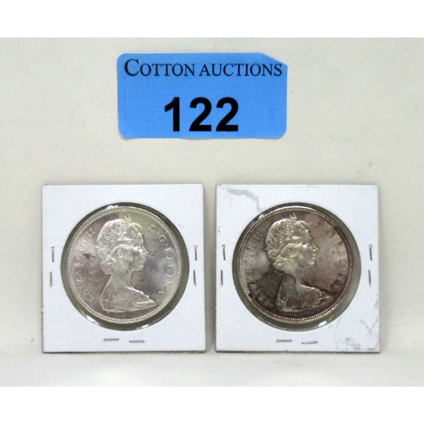Two 1966 Canadian 80% Silver Dollar Coins