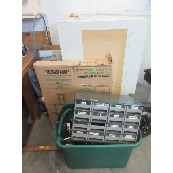 Tote of Peg Board Arms & Metal Bolt Sorter Bin