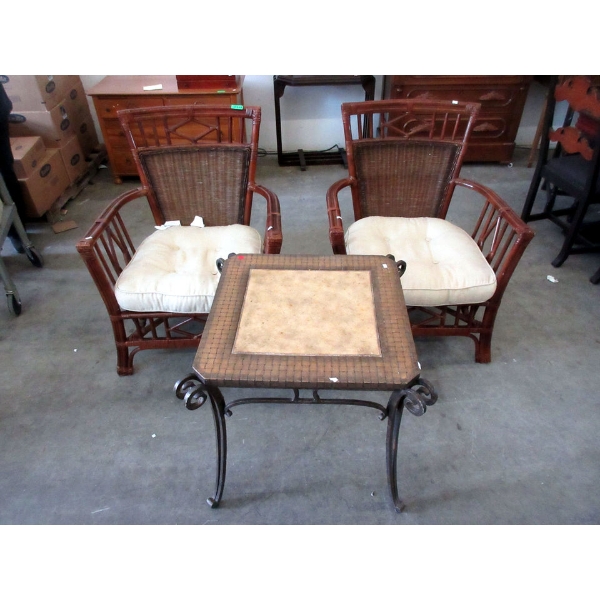End Table & Pair of 1970s Malacca Rattan Chairs 