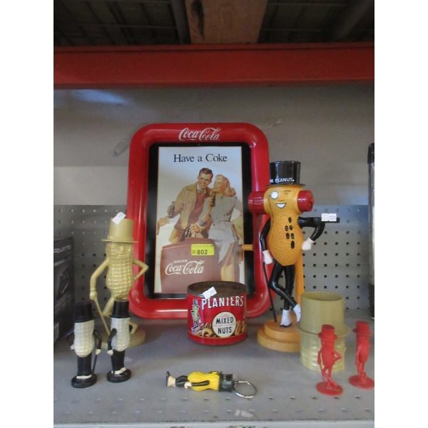 Coca-Cola Tin Tray & 9 Planters Peanut Collectibles