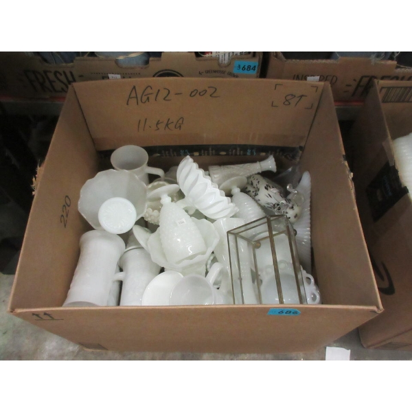 Box of Assorted Vintage Milk Glass Collectibles