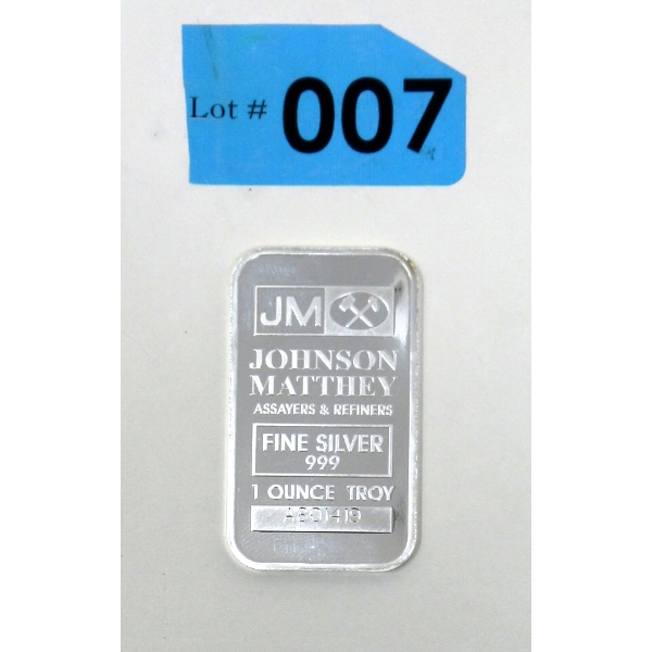 1 Oz .999 Silver Johnson Matthey Bar 