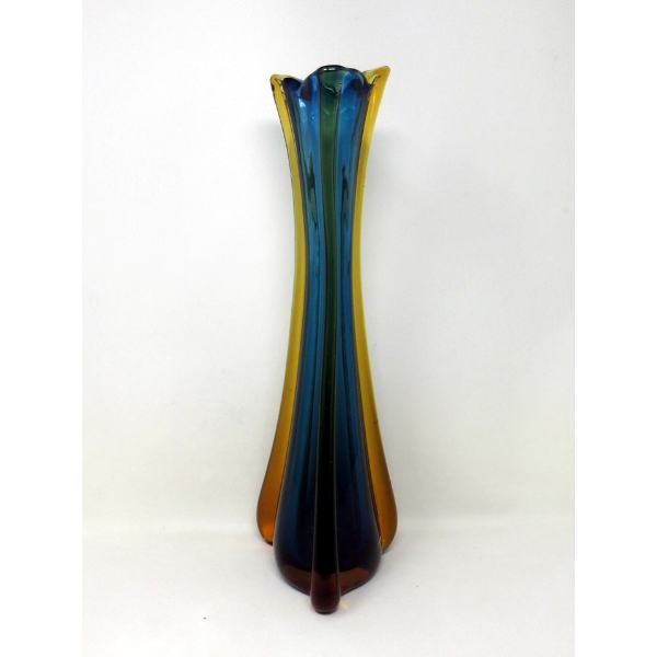 Mid-Century Triangular Blue/Amber Art Glass Vase
