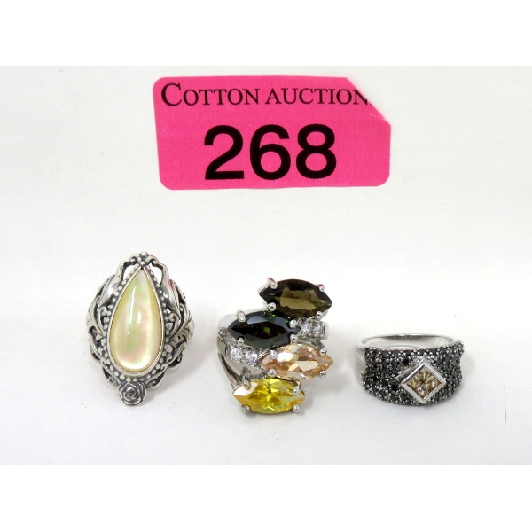 Three .925 Sterling Silver Crystal Gemstone Rings