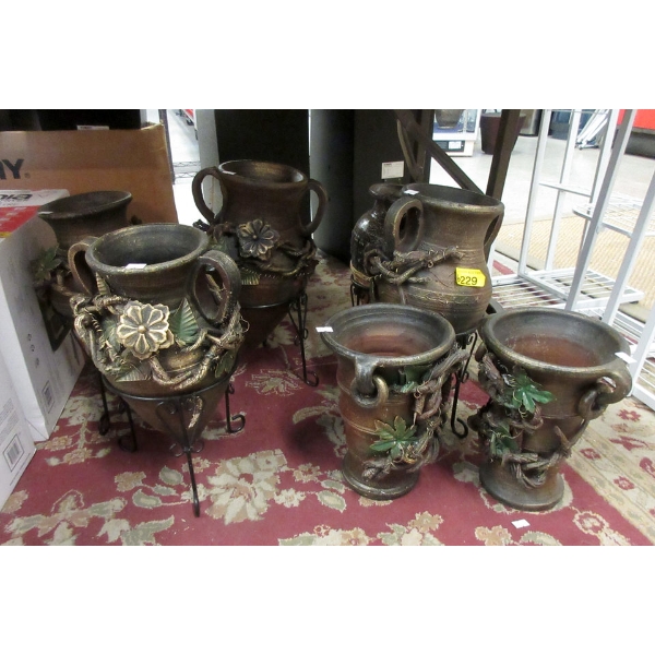 6 New Brown Vases - 4 Have Stands