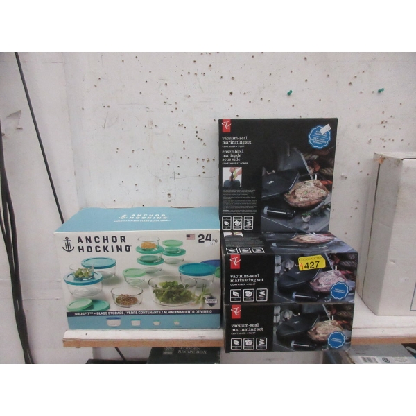 3 New Vacuum Marinating Sets & 1 Glass Container Set