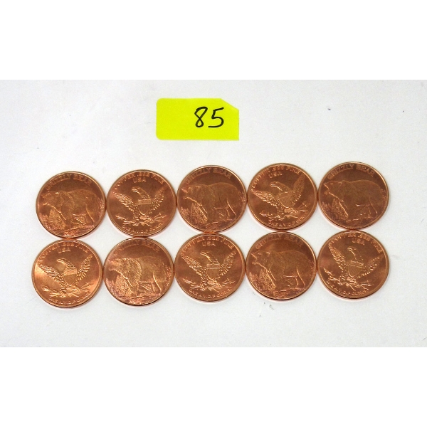 10 x 1 Oz .999 Fine Copper Grizzly Bear Art Rounds