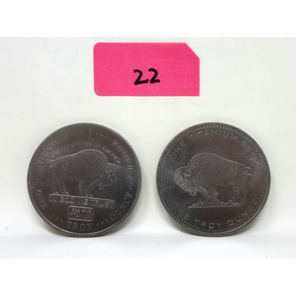 2 x .999 Fine Titanium Buffalo Art Rounds 