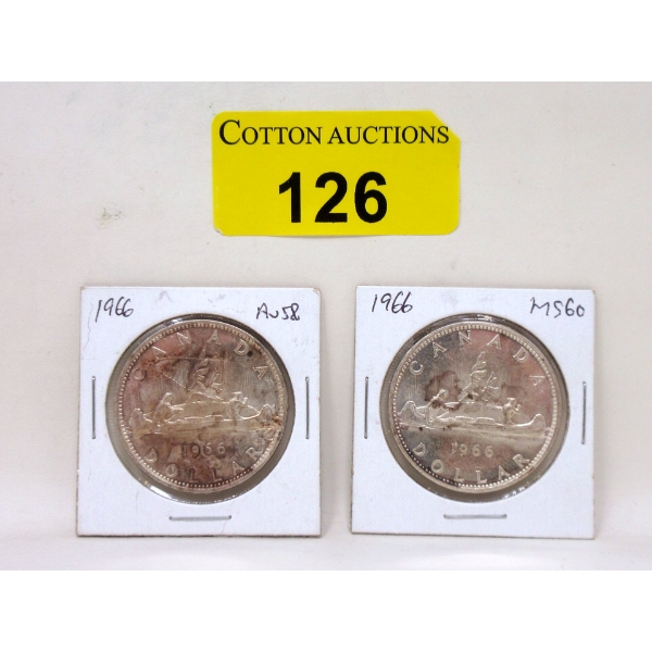 Two 1966 Canadian 80% Silver Dollar Coins