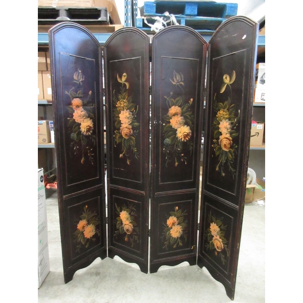 Four-Panel Black Lacquer Oriental Screen - 71  Tall