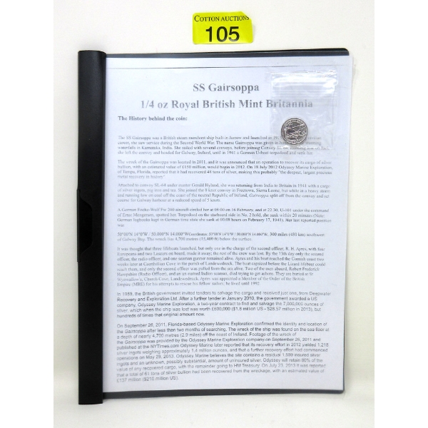 1/4 Oz .999 Silver 2013 US Gairsoppa Shipwreck Silver Coin 