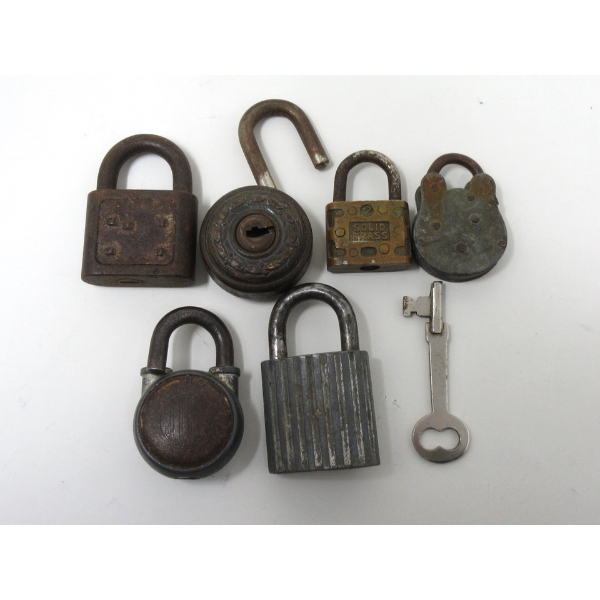 6 Small Vintage Padlocks & 1  Vintage Key