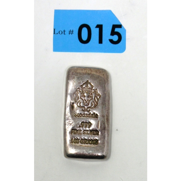 100 Gram .999 Silver Scottsdale Lion Mint Bar 