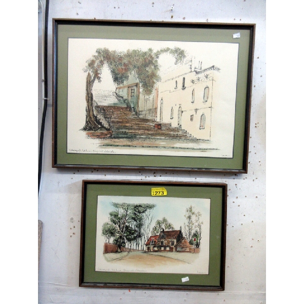 2 Original Stereograph Ink Lined Watercolours