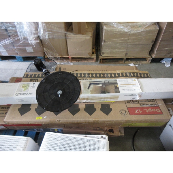 Skid of Flat Pack Furniture & Pedestal Fan