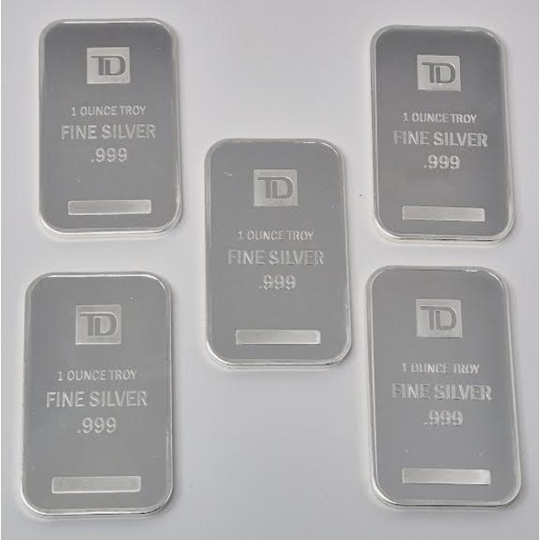 5 x 1 Oz .999 Silver TD Bank Investor Bars