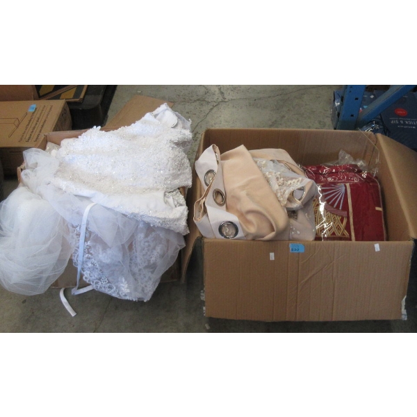 Wedding Dress & Box of Household Linens