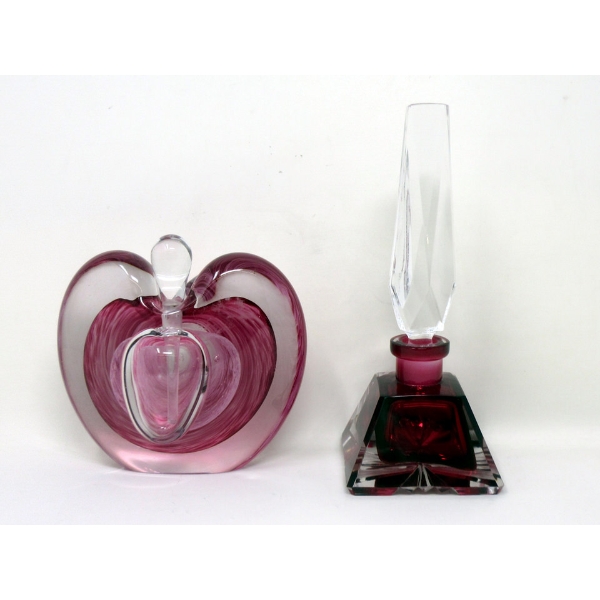 1 Red Crystal & 1 Pink Art Glass Perfume Bottle