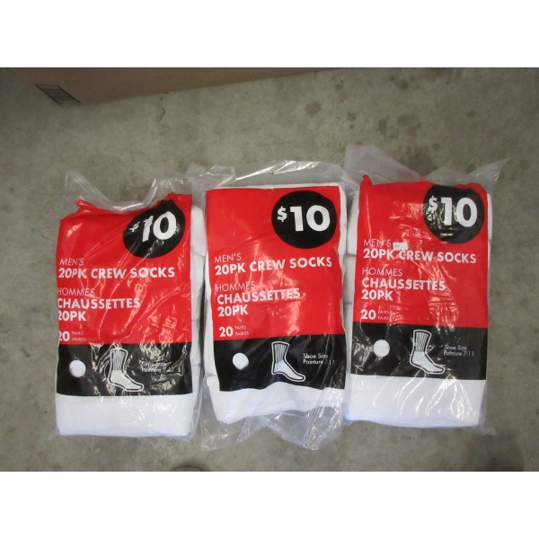 3 New Bags of 20 Pairs of Men's White Crew Socks