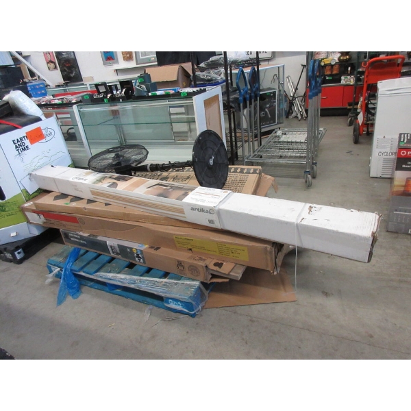 Skid of Assorted Flat Pack Furniture & Wall Slats