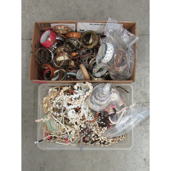 1 Box and 1 Tote of Shell Jewelry & Bangle Bracelets