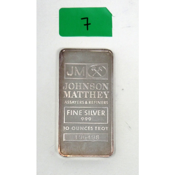 10 Oz .999 Silver Johnson Matthey Bar 