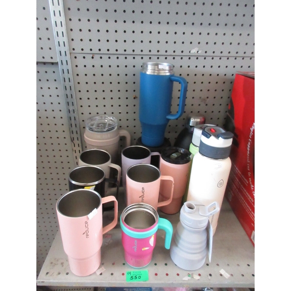 14 Assorted Travel Mugs & Bottles - Some have lids