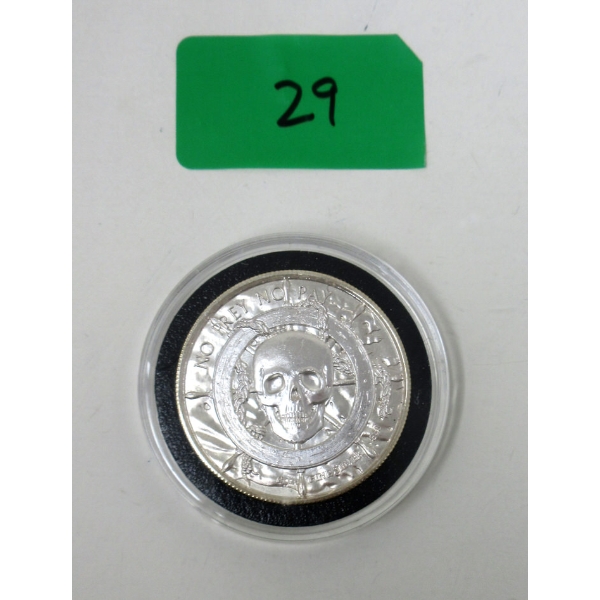 2 Oz .999 Silver Skull & Pirate Ship Storm 'No Prey No Pay' Pirate Ship Art Round 
