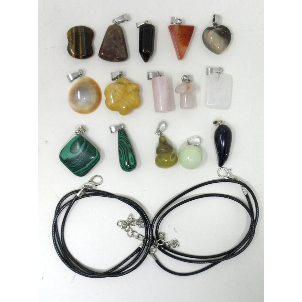 14 New Polished Gemstone Pendants & 2 Neck Cords
