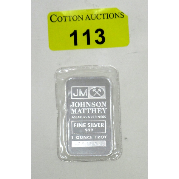 1 Oz. Johnson Matthey .999 Silver Bullion Bar