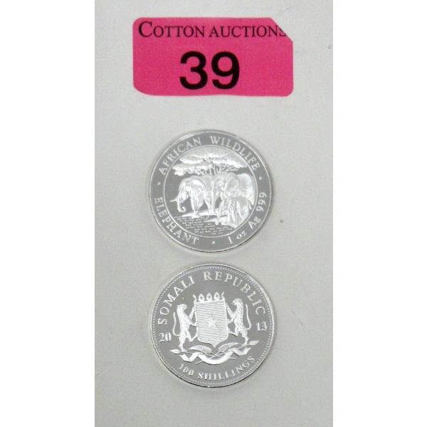 2 x 1 Oz .999 Silver 2013 African Wildlife Elephant Coins 