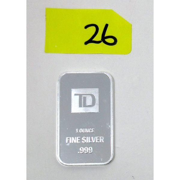 1 Oz .999 Silver TD Bank Investor Bar 
