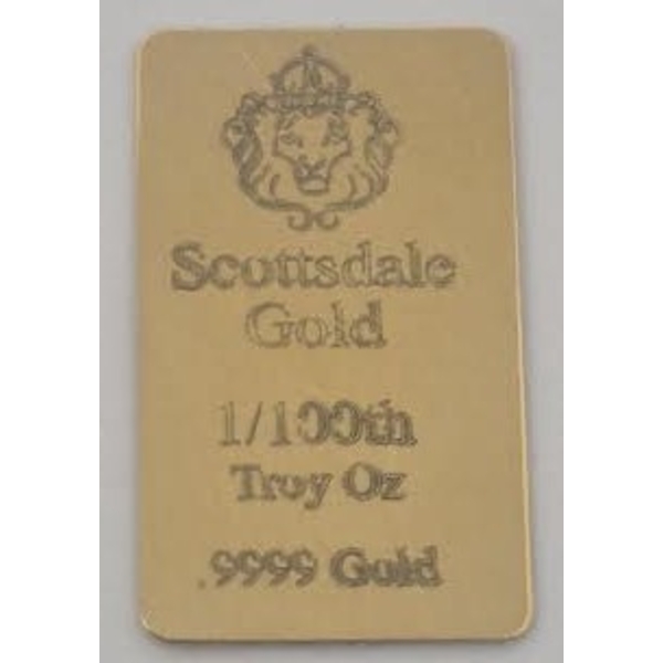 1/100 Oz .9999 Fine Gold Scottsdale Lion Bar