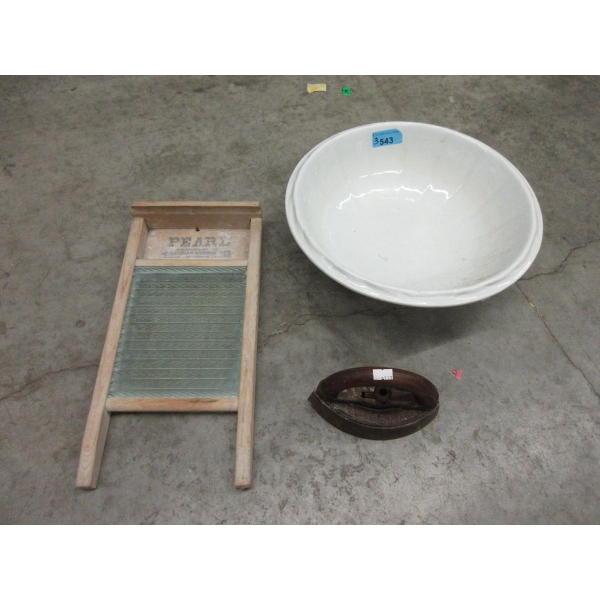 Vintage Wash Bowl, Sad Iron & Mini Scrub Board