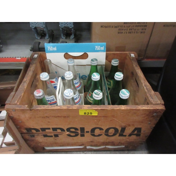 Wood Pepsi Crate with 12 Glass Bottles