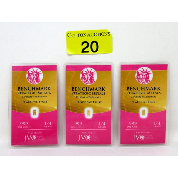 3 x 1/4 Grain .999 Fine Gold Certified Bars    