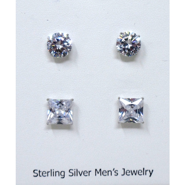 New Mans Sterling Silver Cubic Zirconia Stud Earrings
