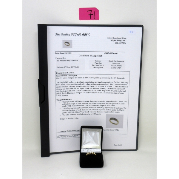 14 K Yellow Gold 5-Diamond Ring - .79 CTW