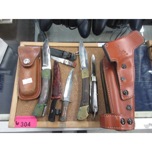 Leather Gun Holster & 5 Assorted Knives - Preowned